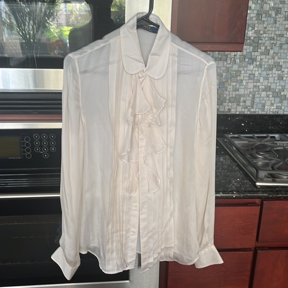 Beautiful blouse worn under jacket once. 100% silk. Off white, tan in color. - Picture 5 of 5